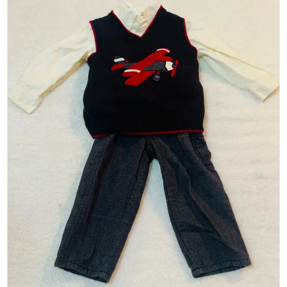 Gymboree Boys 3pc Airplane Sweater Vest Shirt Pants Set Navy Red Grey 2T 3T